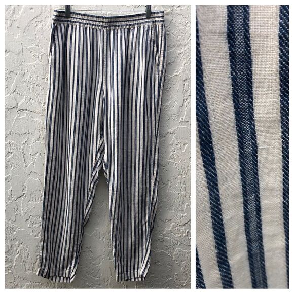 TAHARI 100% Linen Stripe Pullon Pants Size Large Lagenlook Pockets Minimalist - Picture 1 of 12